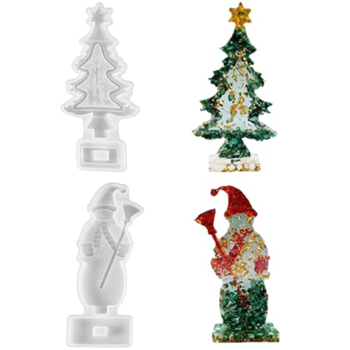 Christmas Resin Silicone Molds Christmas Tree Snowman Crystal Ornament Molds for Xmas Party Home Office Decor Desk Topper Art Craft Making 2 Sets