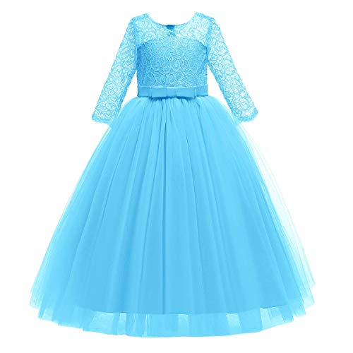 Image of Girls Flower Vintage Floral Lace 3 /4 Sleeves Floor Length Dress Wedding Party Evening Formal Pegeant Dance Gown