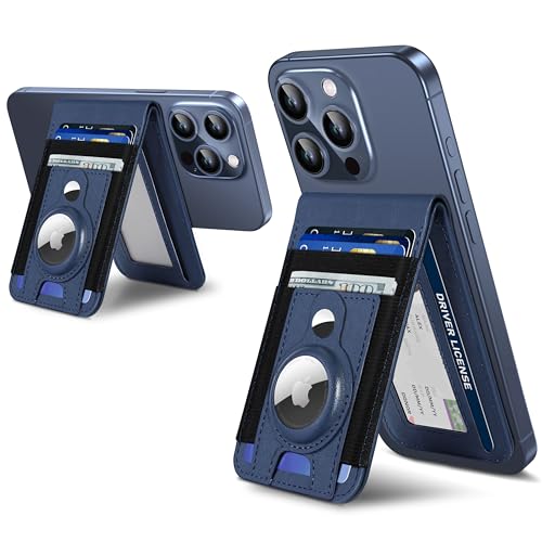 For Magsafe Wallet Stand with Airtag Holder Strongest Magnetic Phone Wallet for iPhone 17/16/15/14/13/12 Series ID Window 4 Card Slots 10 Cards Holder Vegan Leather RFID Blocking Navy Blue