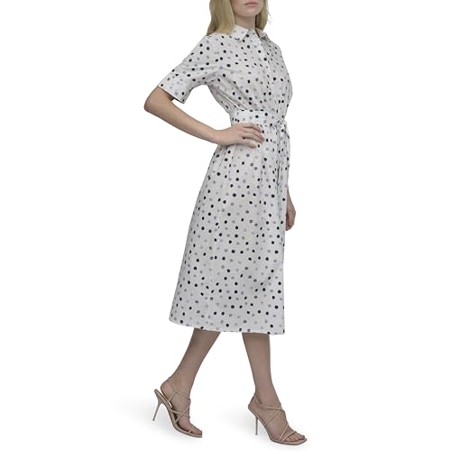 Image of DKNY Women's Short Sleeve Cotton Poplin Collared Midi Shirtdress