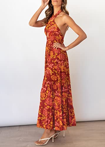 Zesica Women's 2023 Summer Crossover Halter Neck Sleeveless Plaid Cut Out Backless Flowy A Line Maxi Dress,Orangerust,Small #TOP3