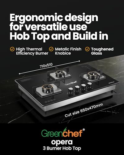 Image of Greenchef Opera Hob top three burner gas stove - Auto Ignition, Toughened Glass, LPG Compatible, Sleek and compact design