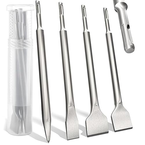 Hammer Drills Chisel Set: 4pcs Stone Chisel Set with Standard Shank Includes Wide Chisel Flat Chisel Pointed Chisel for Concrete Brick Ceramic Tile Granite Cement Stone and Masonry 9 1