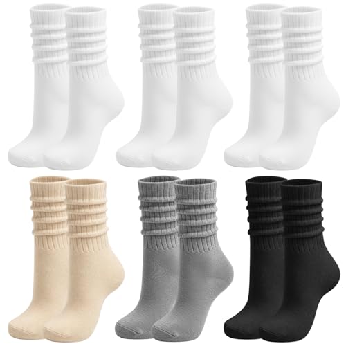 Zuimei 6 Pairs Scrunch Crew Socks for Women Slouch Sock Extra Long Cozy Slouchy Boot Athletic Calf Tube Scrunch Soft Knit Crew Socks for Womens Ladies Girls