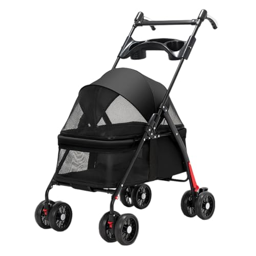 4 Wheels Pet Stroller, Foldable Dog Cat Stroller with 360° Rotating Handle, Folding Pet Jogger Pram with Brake for Small Dogs and Cats up to 38 Lbs, Black, Breathable Mesh Design