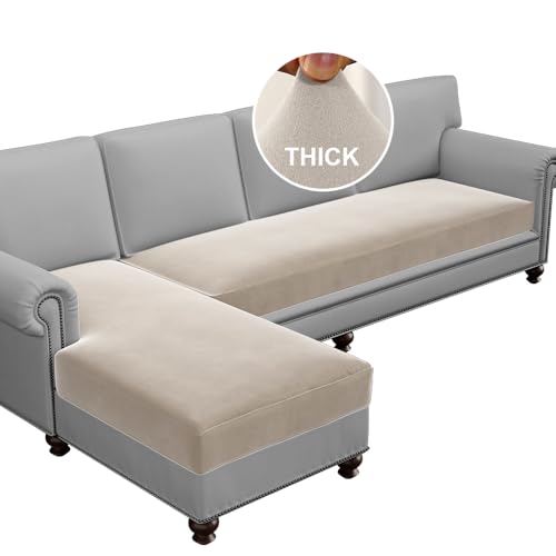 H.VERSAILTEX Fleece L Shaped Couch Cover 2 Piece Stretch Couch Covers for Sectional Sofa Thick Soft Sofa Cover for Dogs Feature Comfortable Durable Fabric, (3 Seater + 1 Chaise, Island Fossi)