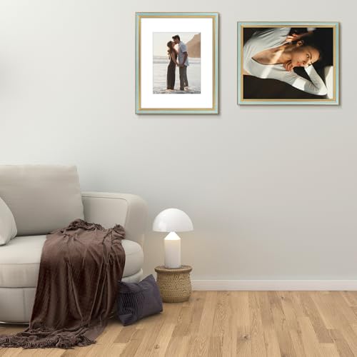 Image of Golden State Art,16x20 Ornate Picture Frame Holds 11x14 Photo,Light Blue | Includes plexiglass front,white mat,build-in hangers and buttons.Displays 11x14 photo on wall