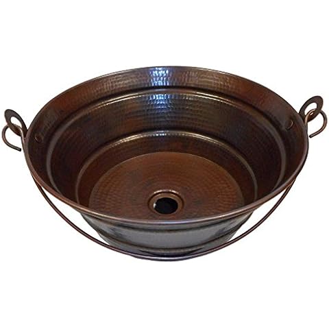 SimplyCopper 15" Round Hand Hammered Copper BUCKET Vessel Sink with Handle Cover