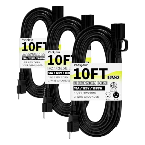 Image of 16 /3 Black Indoor Outdoor Extension Cord 10 Ft Waterproof, Extension Cord with 3 Prong Grounded Plug,13A 1625W 16AWG SJTW, Flexible Weatherproof Power Cable for Offices, Gardens and Lawns (Pack of 3)