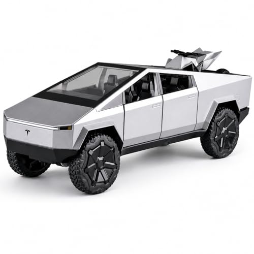 Image of PLUSPOINT Diecast Metal Tesla Toy car Cybertruck 1:24 Scale - Pull Back Alloy Simulation Vehicle with Lights & Sound, Collectible Model for Kids, Adults & Dashboard Display