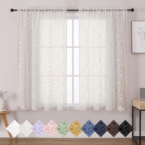 WelvetBLK Ivory Sheer Curtains for Bedroom Living Room 54 Inch Length 2 Panels Set, Soft Airy Geometric Jacquard Clip Small Window Curtain Panels, Modern Dual Rod Pocket, Ivory, 2Pcs 42" Wx54 L Inch