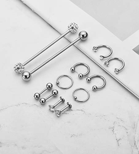 Masedy MASEDY-AP10-A 12Pcs Stainless Steel Industrial Barbell Cartilage Piercing Earrings For Women Men Hoop Helix Tragus Labret Piercing A-Silver thumb #3
