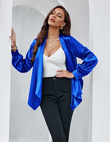 Acevog Satin Blouse For Women Casual Shirt Tie Waist Wrap Open Front Ruffle Cardigan Business Work Tops 2X Large Royal Blue #TOP1