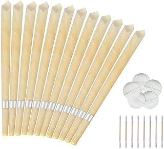 Ear Candles, Ear Wax Remover Candle Kit with Natural Organic Beeswax for Blocked Ears, 12 Pcs Ear Wax Candles Removal Kit with Drip Protectors Disks and Cotton Swab