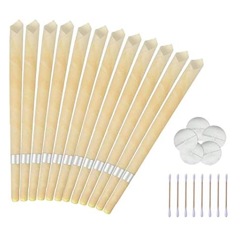 Ear Candles, Ear Wax Remover Candle Kit with Natural Organic Beeswax for Blocked Ears, 12 Pcs Ear Wax Candles Removal Kit with Drip Protectors Disks and Cotton Swab Cover