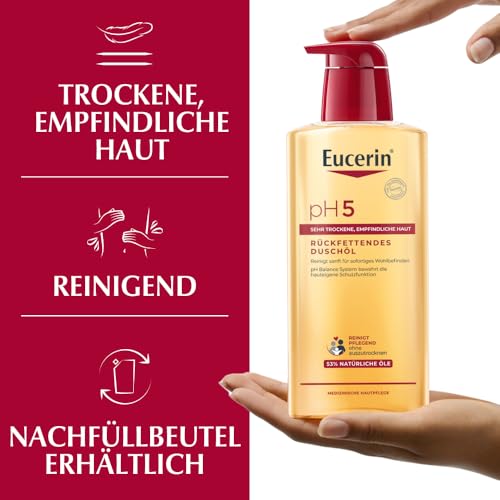 Eucerin pH5 Rückfettendes Duschöl 400 ml, seifenfreies Duschgel für sehr trockene und empfindliche Haut, für die tägliche Hautpflege mit natürlichen Ölen