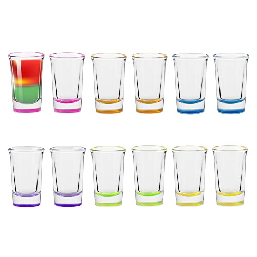 TREND FOR HOME Bicchieri da Shot di Vodka Liquore Limoncello, 30 ml, Set da 12 Bicchierini di Vetro Trasparente con Base Colorata, Lavabile in Lavastoviglie, Collezione Lexi Rainbow Blast