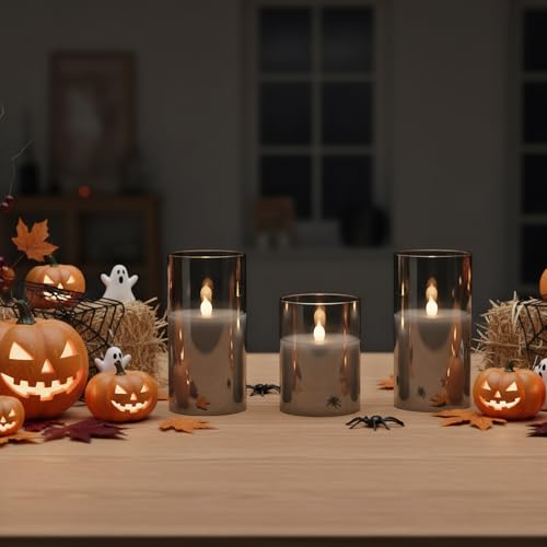 Image of GenSwin Gray Glass Battery Operated Flameless Led Candles with 10-Key Remote and Timer, Real Wax Candles Warm White Flickering Light for Home Decoration(Set of 3)