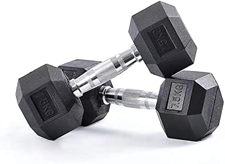 AJX Hex Dumbbells Weights Pair 7.5kg, 10kg, 15kg Rubber Encased Hexagonal Cast Iron Weight Dumbbell Pairs Chrome Finish Contoured Pinned Heads For Commercial or Home Use  (30)