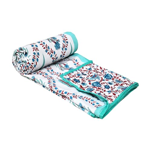 Image of BLOCKS OF INDIA Hand Block Printed Cotton Single Size Reversible Malmal Dohar for Summer (Turq Patti)