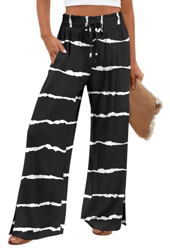 HOTGIFT Women’s Pants Wide Leg High Waisted with Pockets Casual Lightweight Stripe Black 3X-Large