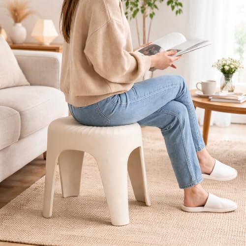 Image of Modern Plastic Stool for Home & Bathroom | Strong & Durable Multipurpose Stool for Sitting, Footrest & Kitchen Use | Elegant Cream Color