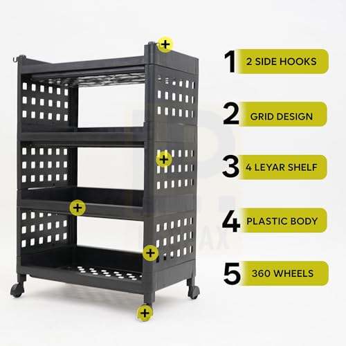 Image of LEOPAX 4 Layers Plastic Rolling Storage Rack | Multipurpose Stackable Storage Rack with Wheels for Kitchen Laundry Room Bathroom Office Home - Black (50 x 30 x 75cm)