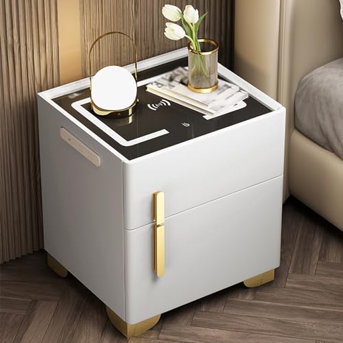 Qazxdrfg Comodino Intelligente, Comodino Con Cassaforte Nascosta, Comodino A Led Con Stazione Di Ricarica E Porte Usb/Type-C, Luminosità Regolabile, Piano In Vetro Temperato (Bianco, 50X40X50 Cm)