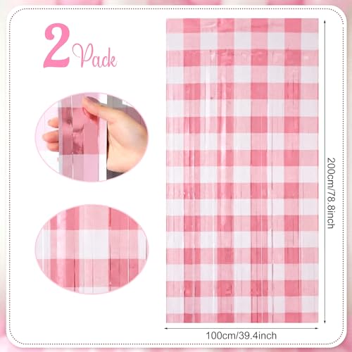 Image of WovWeave 2 Pcs Pink Gingham Party Decorations 3.3 x 6.6 ft Pink and White Checkered Foil Fringe Curtains Backdrop Tinsel Streamers for Wedding Birthday Baby Shower Party Decor Supplies
