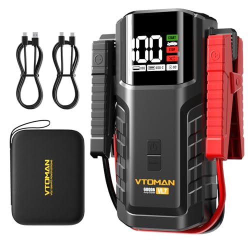 VTOMAN VL7 6000A Jump Starter Upgraded with LiFePO4 Battery 24000mAh Portable Car Battery Booster (All Gas/10L Diesel) 12V Jump Box Power Pack with USB-A Type-C & DC Output LED Light EVA Bag