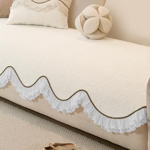 Image of HOKIPO 'French Classic Frill' Sofa Cover Mat for 1 /2 /3 Seater & L Shape Sofa. Make Your Own Sofa Cover Set, Anti-Slip Mat Length 90(D) x 170(L) cm, Snow White Ivory (AR-6142-IVY)