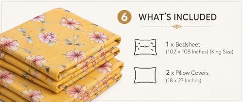 Image of Cotton King Size Bedsheet with Pillow Covers - Floral Dreamscape Print, 144 TC Soft & Breathable Bedding Set (108x108 Inch), Premium Flat Bed Sheet