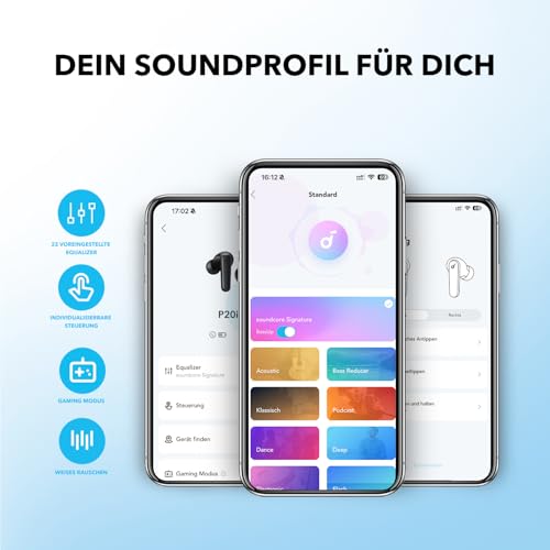 soundcore soundcore by Anker P20i Kabellose Bluetooth Kopfhörer in-Ear, 10mm Treiber, Bluetooth 5.3, Anpassbarer EQ, 30 Std. Spielzeit, IPX5 wasserfest, 2 Mikros mit KI, einzeln verwendbar (hellblau) - Designansicht 6 | TV | Video | Foto