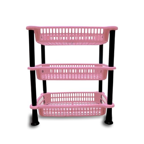 Image of patidar brothers Plastic 3 Layer Multi-Purpose Kitchen Storage Basket Rack|Vegetable Basket For Kitchen (color:Navy Pink)