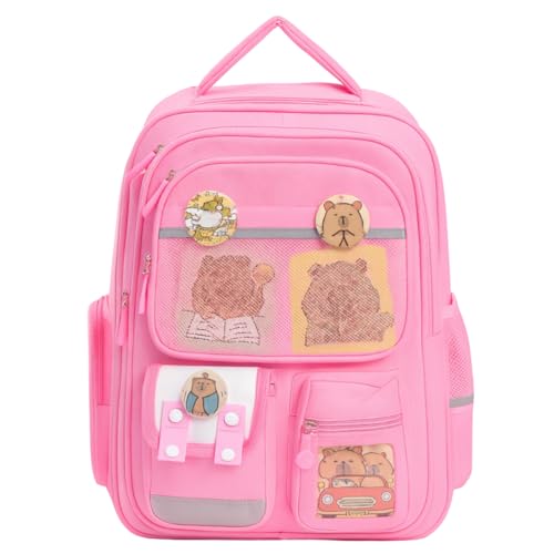 Mochila Capivara Escolar Unissex 20L Estampa Alto-Relevo Bolsos Laterais para Garrafa Bolso Frontal com Fecho Alças Acolchoadas Ajustáveis Resistente Leve Escola Passeio Viagem (Rosa Capivara)
