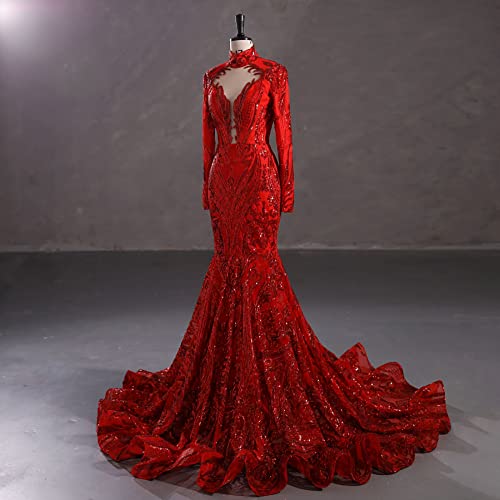 Datangep Red Shiny Sequined Mermaid Prom Dress Shower Party Evening Dress Engagement Celebrity Pageant Gown Chapel Train Us4 #TOP3