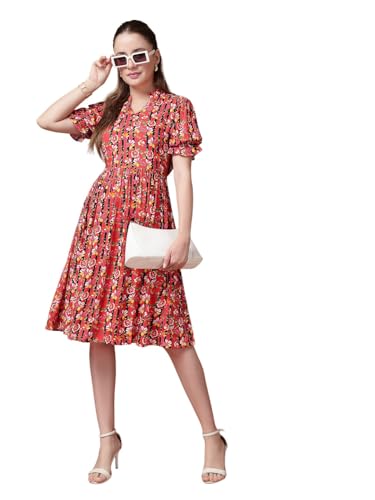 Robe midi rouge viscose femme imprimé floral mi-longue fluide