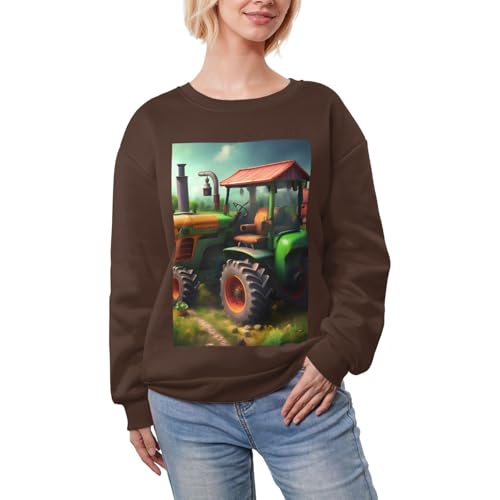 EdWal Fantasy Farm - Sudaderas cálidas de manga larga con estampado de tractor para mujer, de gran tamaño, con forro polar, trajes de moda para otoño, café, M