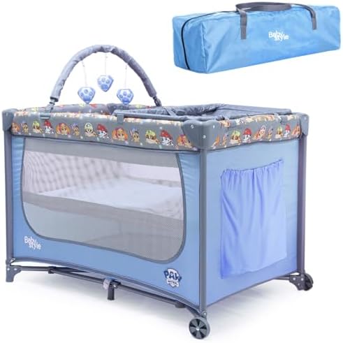 Berço de Bebê Portátil Infantil com Mosquiteiro Patrulha Canina Barra de Brinquedos Trocador e Bolsa Transporte Seguro, Confortável e Compacto INMETRO (Azul)