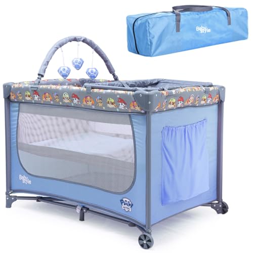 Berço de Bebê Portátil Infantil com Mosquiteiro Patrulha Canina Barra de Brinquedos Trocador e Bolsa Transporte Seguro, Confortável e Compacto INMETRO (Azul)