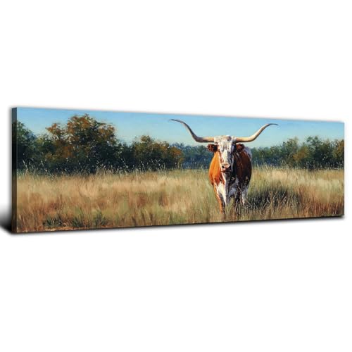 Highland Cow Picture Wall Decor Farmhouse Western Grassland Landscape Canvas Wall Art Scottish Longhorn Cow Poster for Living Room Vintage Country Meadow Scenery Artwork Office Home Decorations 14x48"