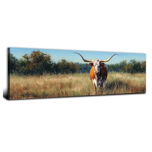 Highland Cow Picture Wall Decor Farmhouse Western Grassland Landscape Canvas Wall Art Scottish Longhorn Cow Poster for Living Room Vintage Country Meadow Scenery Artwork Office Home Decorations 14x48"
