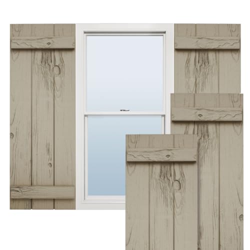 Ekena Millwork 11"W x 38"H Rustic Two Board Joined Board-n-Batten Knotty Pine Faux Wood Shutters (Per Pair), Primed Tan