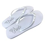Rhinestone Bride Flip Flip Flops on White Flat Heel with Crystal Accents on Satin Straps for Beach Destination Sandals, Customizable