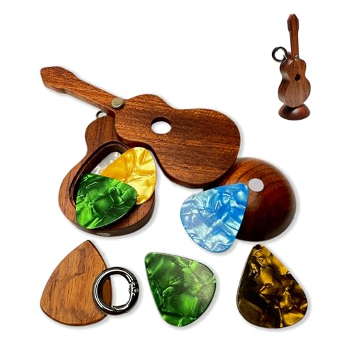 MYLYWOO Guitar Pick Holder with Guitar Picks Guitar Keychain Wooden Home Decor Statues car mirror decor hanging Guitar gifts Music gifts car gifts