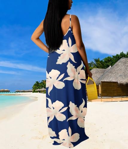 Image of Summer Dresses for Women Spaghetti Strap Beach Floor Length Maxi Sundresses | Floral Print,Casual,with Pockets