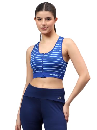 Image of Vector X OSB-411 Women Premium Seamless Non-Padded Striped Pattern Sports Bra for Gym Workout, Yoga, Running Scoop Neck Elastic Bottom Band Support Full Coverage|Breathable|Lightweight (Royal Blue)