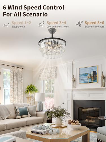 Image of 20 inch Black Crystal Fandelier Ceiling Fans with Lights,Farmhouse Rustic Caged Crystal Chandelier Ceiling Fan with Light Remote Control with 6 Speeds for Bedroom, Nursery, Living Room
