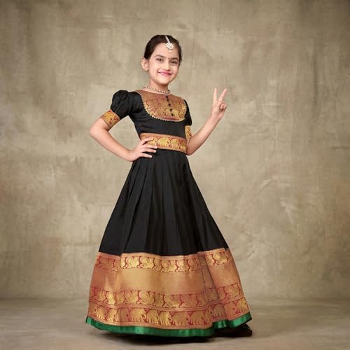 Image of Girls Silk Pattu Gown for Kids Traditional South Indian Long Ethnic Dress | Baby Girl Festival Pavadai Sattai Style Party Wedding Birthday Special Occasion Outfit