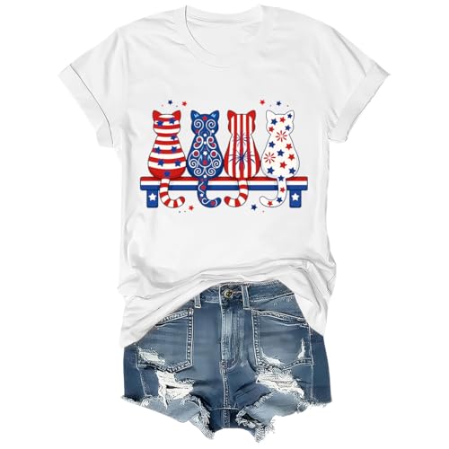 Red White and Blue Cute Cats T-Shirt Patriotic Cat Lover Graphic Tee Fourth of July Shirt